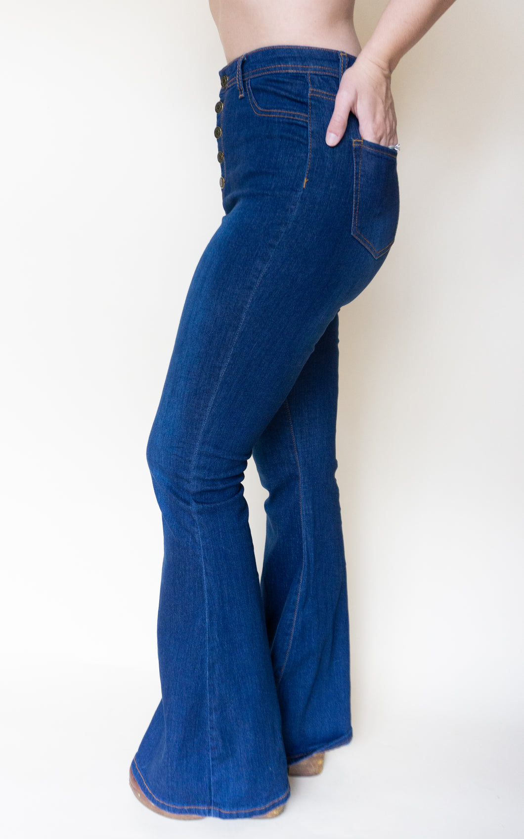 Dark denim sales bell bottom jeans