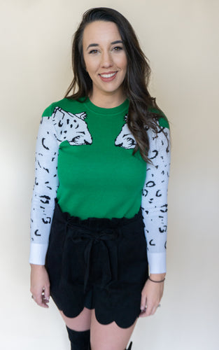 Let It Snow Leopard Sweater, Green